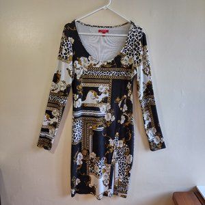 Guess Briana Dress  Long Sleeve Bodycon  Black & Gold Floral w/ Animal Print  XL